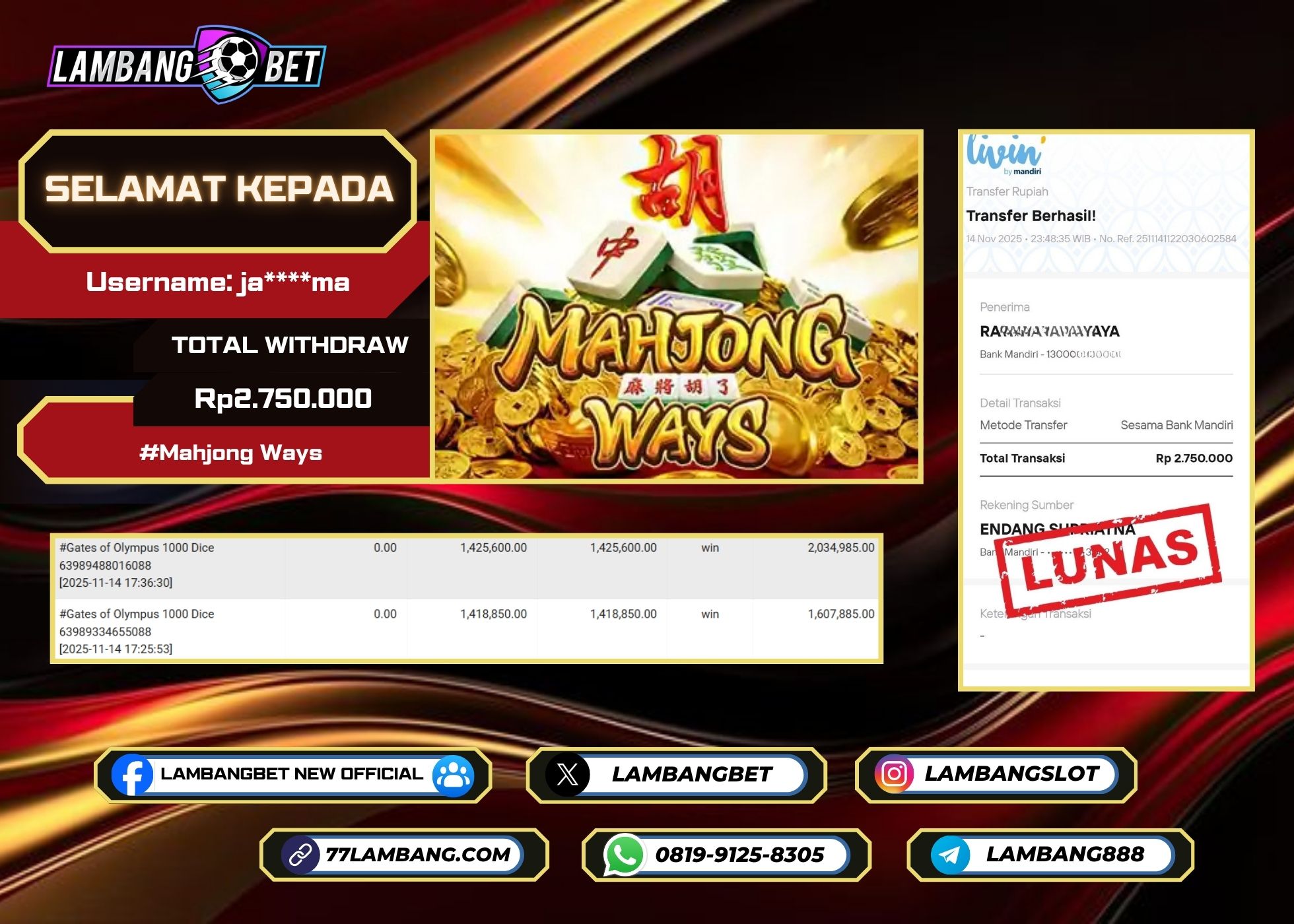 LAMBANGBET [14 NOVEMBER 2025] JACKPOT SLOT Mahjong Ways "Rp2.750.000" LUNAS